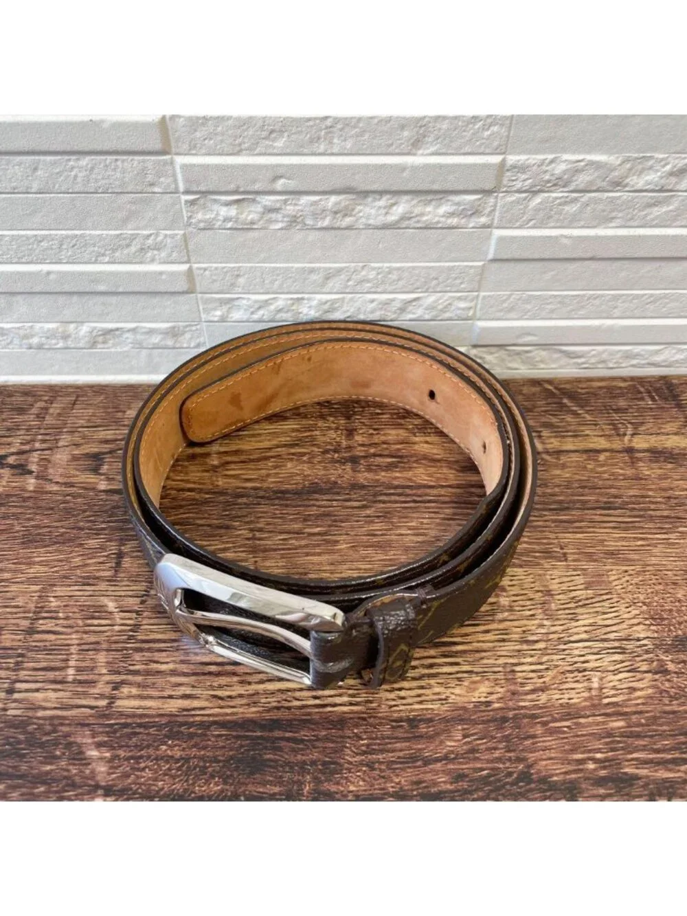 Louis Vuitton Monogram Leather Ceinture Belt Silver Brown